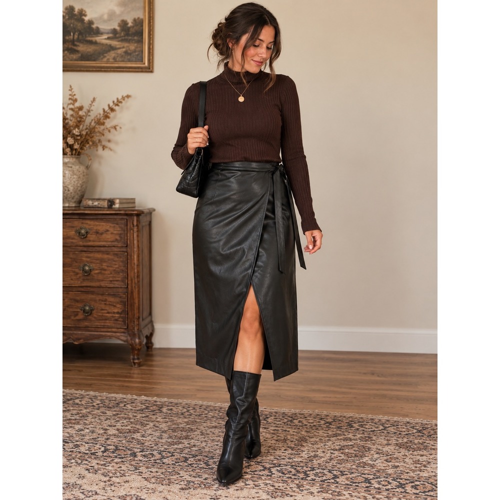 Babaton Black Faux Leather Wrap Midi Skirt — Size 0